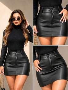 Sexy Black Leather Mini Skirt For Women, High Waist, Fashion, Valentine's Day, Winter, Summer, Blogger Style - 黑色 - 查看 1