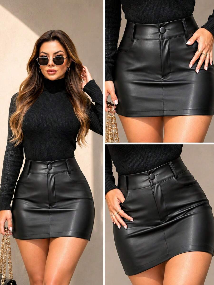 Sexy Black Leather Mini Skirt For Women, High Waist, Fashion, Valentine's Day, Winter, Summer, Blogger Style - 黑色 - 查看 1
