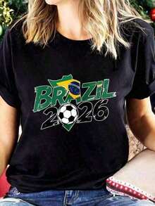 Camiseta Gráfica PremiumSpring Essential Unisex de la Copa Mundial de Brasil, Camiseta de Manga Corta para Fanáticos del Fútbol con Estampado de la Bandera y Mapa de Brasil para el Día del Partido 
       Camiseta casual de cuello redondo para uso diario y vacaciones. Conjuntos de verano para mujer. Tops cortos para mujer. Camisetas de algodón de verano para mujer. Suaves y casuales. Edición limitada. - Negro - Ver 7