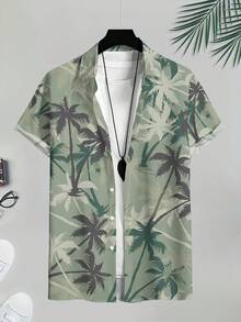 Men'S 3D Plant Print Polyester Hawaiian Shirt Summer Beach Short Sleeve Vintage Floral Casual Regular Fit Breathable Comfortable - 青色 - 查看 10