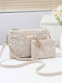 Bộ 2 món gồm ví nhỏ, túi xách đan rỗng họa tiết hoa, dây đeo vai điều chỉnh được, túi đeo vai & túi cầm tay thường ngày phong cách casual, trọng lượng nhẹ - Màu be - Xem 2