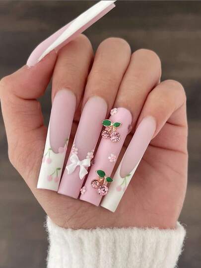 24pcs New Coffin Shaped Extra Long Nails, Multi-Color Sweet Girl Style Matte Powder White Cherry Decor French Manicure Fake Nails, Colorful Gift Box Includes 1 Nail File + 1 Buffer, Versatile Spring Girly Press-On Nails