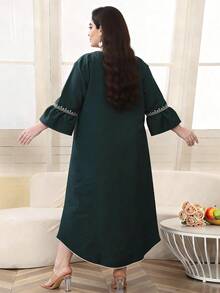 2026夏季/秋季大碼女款深綠色優雅重工刺繡阿拉伯長裙 JALABIYA，3/4袖，休閒度假穿搭 - 墨綠色 - 查看 10