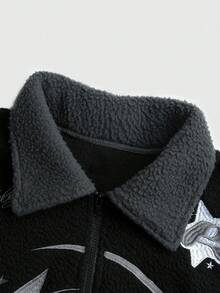 Lonblece 1pc Men's Loose Fleece Jacket, Black & Grey Colorblock Star Embroidery Outerwear, Casual Street Style - Black - View 4