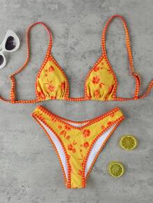 Women's Yellow Red Floral Bikini Contrast Stitch Trim Halter Triangle Top High Cut Bottom Beach Swimwear - Multicolor - View 6