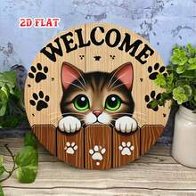 Placa de Metal Plana 2D - Alumínio, com Design Fofo de Gato, Diâmetro de 7,8 Polegadas. Esta peça de arte de parede em estilo rústico é perfeita para decorar sua casa, garagem, área de jantar ou café. - A - Visão 5