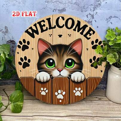 لوحة معدنية مسطحة من الألومنيوم، بتصميم قطة جميلة، قطر 7.8 بوصة. هذه القطعة الفنية بأسلوب ريفي مثالية لديكور المنزل، الجراج، منطقة المطبخ أو المقهى.