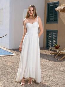 PARTHEA Vestido largo blanco elegante de verano con Body ceñido, escote espalda descubierta, fruncido y volantes - Rojo - Ver 11