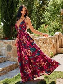 YkhahaKARISMINA Vestido de una pieza con cuello en pico, espalda abierta cruzada y estampado de leopardo para primaveraYkhaha - Rojo - Ver 2