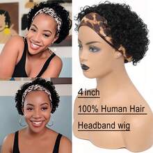 Kercsityn Pixie Cut Human Hair Headband Wig Curly Wave Remy Brazilian Human Hair Scarf Wigs For Black Women Machine Made Wig Free Hairband Included - Natural Black - View 4
