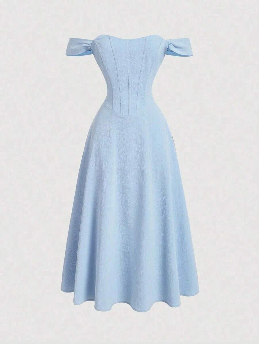 MOD Vestido romántico de un solo hombro con diseño de espina de pescado falso - Azul - Ver 1