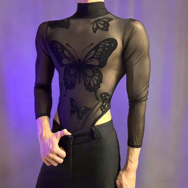 Men's Butterfly Print Sheer Mesh Bodysuit, Long Sleeve High Neck Sexy Lingerie, Unisex Sheer Bodysuit For Men Role Play  Intimate Wear