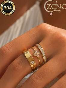 3pcs/Set 18K Gold Plated Delicate Minimalist Floral Ring Set, Stainless Steel Anti-Fade & Hypoallergenic, Suitable For Daily, Party And Occasions, Great Gift For Valentine's Day, Mother's Day, Friends And Family - Gold - View 10