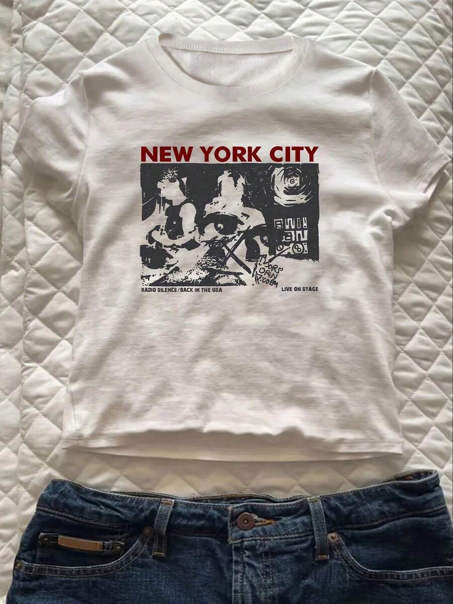 Camiseta Corta de Cuello Redondo para Mujer, Corte Ajustado, Estilo Y2K, con Gráfico de Banda de la Ciudad de Nueva York, Blanca, Casual, de Verano - Blanco - Ver 1