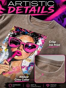 100% Pure Cotton Men's And Women's Universal Style Vintage Washed T-Shirt, Cartoon Girl Fun Red Lipstick Color, Urban Graffiti Portrait - 摩卡棕 - 查看 2