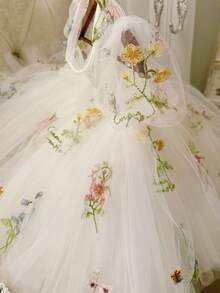 女嬰刺繡花瓣袖露背鏤空網紗公主禮服，適合女孩生日派對、花童、婚禮、重要場合、節日慶祝禮服 - 白色 - 查看 5