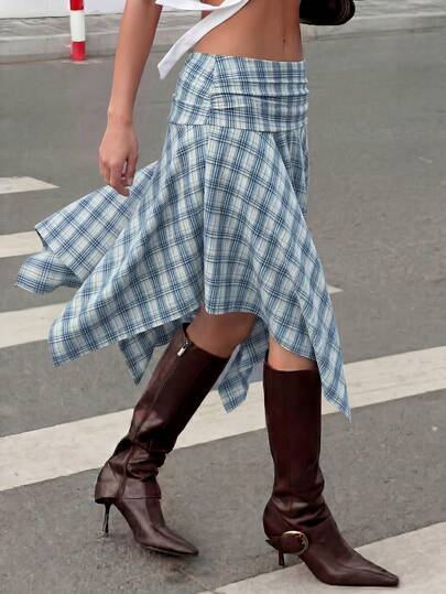 2026 New HoloChill Women's Casual Colorblock Plaid Pleated Skirt, Blue Plaid Bohemian Style, Summer Casual, Suitable For Women's Summer Outfits, Holiday, Party, Beach Vacation, Elegant Casual Skirt, Music Festival