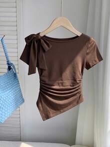 Women's Brown Off-Shoulder Bowknot Fitted T-Shirt With Ruched Waist And Asymmetric Hem, Sexy And Sweet Style, Suitable For Summer - Coffee Brown - View 1