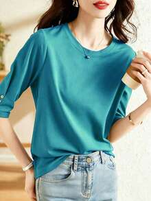 Atasan Kasual Lengan Sedang dengan Desain Kancing, Model Baru Fashion Musim Panas, Kaos Lengan 3/4 Leher Bulat Serbaguna untuk Wanita, Melangsingkan - Teal Blue - View 3