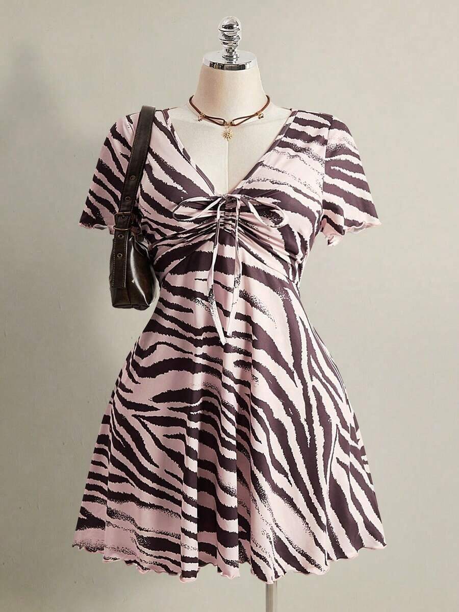 Vestido de manga corta con estampado de cebra, corte slim, tallas grandes, adecuado para el verano, vuelta al colegio, baile de graduación y otras ocasiones. - Multicolor - Ver 1