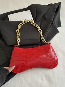 1pc Shiny Solid Gold Chain Decor Underarm Baguette Bag - Burgundy - View 4