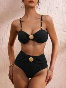 Swim Chiccia Conjunto de bikini marrón de cintura alta con control de abdomen, correa con cuentas y hebilla de metal elegante para vacaciones de mujer, primavera/verano 2025 - Negro - Ver 3