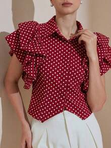 Aveloria Revavyn Blusa elegante de cuello alto con estampado de lunares retro francés, manga de pétalo, moda elegante y de alta gama para mujeres - Rojo - Ver 7