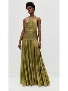 Women's Gold Halter Backless Party Long Dress With Slit Elegant & Sexy Sleeveless Prom Gown - 金色 - 查看 5