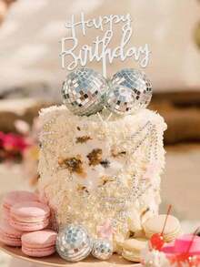 19 piezas Adornos para pastel de bola de disco o adornos individuales de feliz cumpleaños, decoraciones de bola de disco de espejo plateada para pastel y cupcakes, adecuadas para fiestas con temática de música disco de los 70, 80 y 90 (los adornos para pastel se deben usar con palitos blancos) - Láser 1 - Ver 3