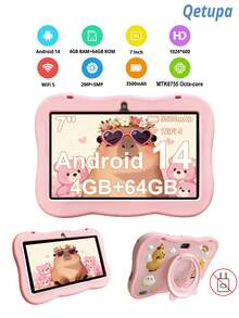 Qetupa Q8 7吋 Android 14 兒童平板電腦，水豚圖案，早教平板，配備防震保護殼，MTK6755 八核 2.0GHz 處理器，4GB RAM + 64GB ROM，1024*600 IPS 觸控螢幕，2MP + 5MP 雙鏡頭，3500mAh 電池，藍牙，802.11ac/WiFi5 - 男孩女孩的理想禮物，生日和聖誕節的完美選擇。適用於兒童教育、學習、思考訓練、語言啟蒙、科學探索、閱讀遊戲和健康娛樂。 - 粉色 - 查看 1