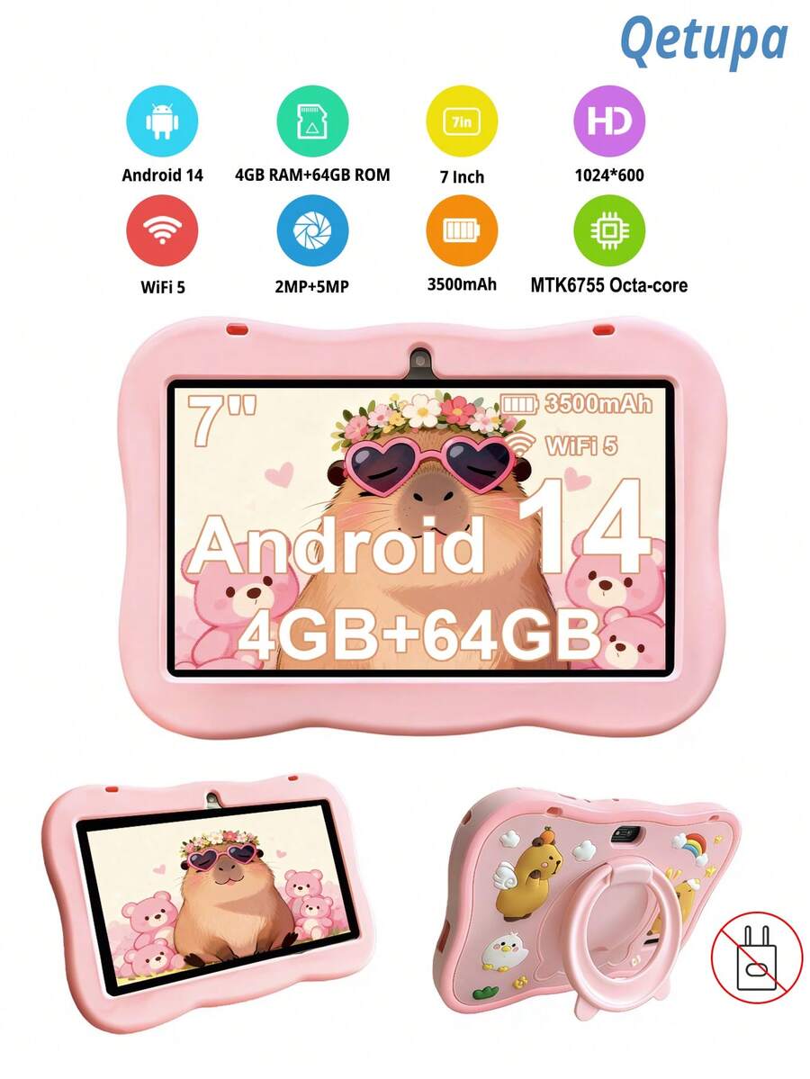 Qetupa Q8 7吋 Android 14 兒童平板電腦,水豚圖案,早教平板,配備防震保護殼,MTK6755 八核 2.0GHz 處理器,4GB RAM + 64GB ROM,1024*600 IPS 觸控螢幕,2MP + 5MP 雙鏡頭,3500mAh 電池,藍牙,802.11ac/WiFi5 - 男孩女孩的理想禮物,生日和聖誕節的完美選擇。適用於兒童教育、學習、思考訓練、語言啟蒙、科學探索、閱讀遊戲和健康娛樂。 - 粉色 - 查看 1