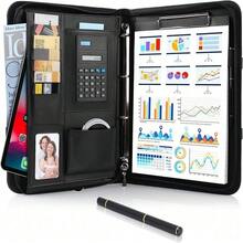 A4 Folder Briefcase, PU Leather, With A 25-Page Notebook, Pen, Calculator, 4 Ring Binders, 9 Card Slots, And 10 Transparent File Bags | Professional Business Document Organizer, Suitable For Meetings, Interviews, And Classes, An All-In-One Document Writing Set. - A - View 5