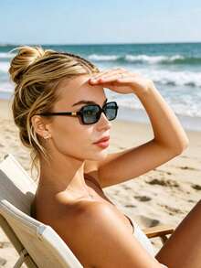 1 Pair Small Rectangular Frame Fashion Glasses, Suitable For Vacation, Travel, Sports, Driving, Festivals, Beach, Music Festivals, Outings, Summer Accessories, Holidays, Family Trips, Elegant Outfits, Street Style Accessories, Sports, Parties, Outdoor Activities, Street Looks, Fishing, Summer Beach Vacations, Outdoor, Travel, Back To School Season Collegiate Style. Rectangular Frame - Black Frame Blue Film - View 4