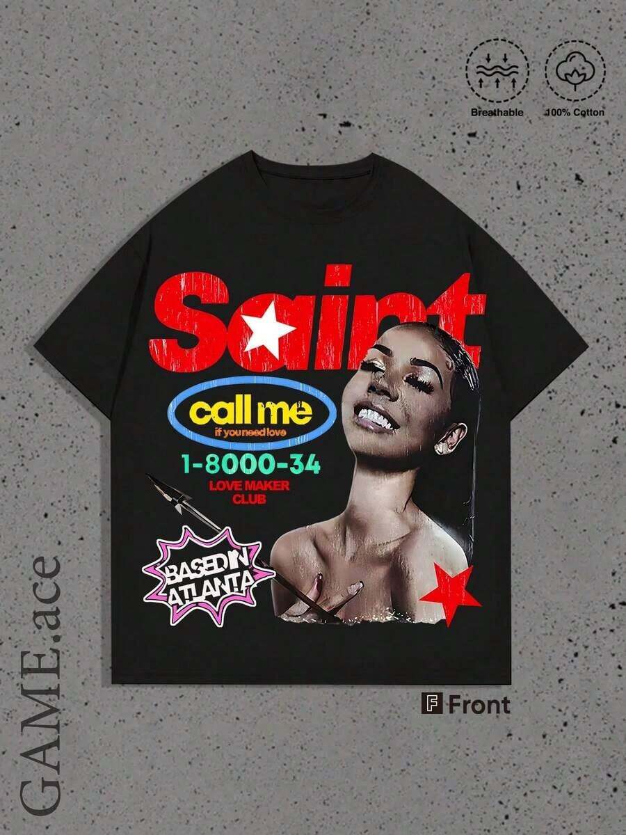 "Saint, Si Tu As Besoin D'Amour, Appelle-Moi, Love Maker Club", T-shirt Beige 100% Coton Absorbant La Transpiration Et Respirant, Style Hip-Hop Urbain, Sports De Plein Air, Mode Décontractée, Idéal Pour Offrir En Cadeau, Pour La Maison, Les Rues Extérieures, Les Fêtes De Carnaval Et De Vacances. - Noir - Voir 1