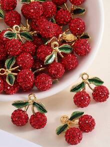 5pcs Ceramic Fruit Cherry With Rhinestone DIY Earrings, Necklace, Phone Chain, Keychain Jewelry Accessories - 5PCS - View 2