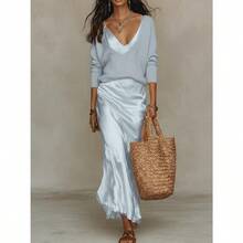 Women's Apricot Two-Piece Co-Ord Set, Deep V Knit Sweater & Satin Slip Dress, Casual Elegant Outfit For Daily, Home & Leisure - 粉紅色套裝 - 查看 4