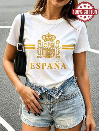 Oversized-Tops für Frühling/Sommer, 100 % Baumwolle, Kurzarm-T-Shirts für Damen, lässiger Stil mit goldenem "ESPAÑA"-Schriftzug, maßgefertigt, einfarbig, Rundhalsausschnitt, weich und bequem, für jeden Tag, Streetwear, Y2K, Strand, Abschlussfeier, Urlaub, Top, Sommer, Frühling, T-Shirt, Fitnessstudio, Sport, Party-Top, Bluse, römisch, Vintage, Karneval, Valentinstag, Maija, Damenoberteile, Frühlingsoutfit, Jersey, Winterkleidung für Damen, Sommerkleidung für Damen, lustige T-Shirts, Urlaub, Strand, lässig, süße Tops, schwarze Tops, weiße Tops, Sommertops für Damen, Osterkleidung für Damen, Karneval, alle Jahreszeiten, Büro/Lounge/Zuhause/minimalistisch, Western-Stil für Damen, Outfits, amerikanischer Retro-Stil, Unisex, Oberbekleidung, Herbst, Plus-Size-Damenmode, Valentinstag, Karneval, Urlaubs-Top, Sommerparty, Abschlussfeier, Hochzeit, Musikfestival, Feiertag, weißes Top