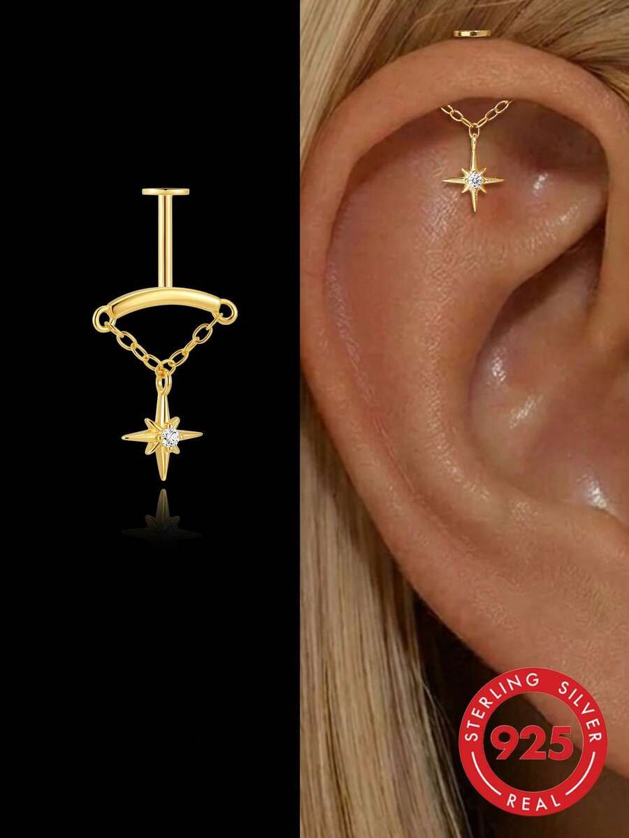 1Pc Tassel Star 925 Sterling Silver Earrings For Women Classic Minimalist Stud Earring Cartilage Flat Back For Daily Wear Engagement Fine Jewelry - Gold - View 1
