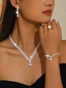 1 Set Elegant Bridal Jewelry, Teardrop Crystal Necklace, Dangle Earrings, Adjustable Bracelet, Ring, Bridal & Bridesmaid Full Jewelry Set, Suitable For Wedding, Engagement, Party - Multicolor - View 8