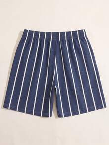 Men's Striped Casual Beach Shorts With Drawstring, Summer - Navy Blue - View 5