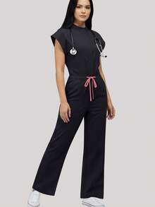 Women's Scrub Set With Pockets, Zipper, Stand Collar, Drawstring Design, Surgical Scrub Set For Clinic Black Fall - Black - View 2