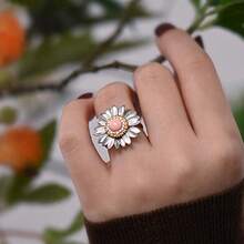 1 Peça Anel Aberto Vintage Elegante e Luxuoso de Zircônia Cúbica em Formato de Margarida, Design Fashionável Adequado para Uso Diário de Mulheres - Prata - Visão 3