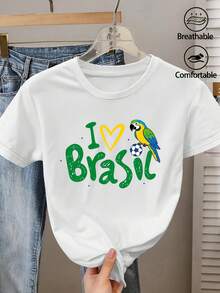I Love The Vintage Short-Sleeved Crew Neck T-Shirt With Brazilian Parrot Football Print, A Cool Tropical Style Loose Top, Stylish Fan Fashion For Spring/Summer 2026, Versatile Women's Clothing For Everyday Wear, Available In Sizes S-XXL. - 白色 - 查看 1