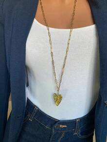 1 pieza Collar largo de acero inoxidable minimalista con cadena de clip de papel dorado, colgante exquisito en forma de corazón, collar de corazón martillado para mujeres, regalo - Dorado - Ver 1