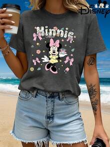 Authentic Disney Ladies Summer Dress Minnie Mouse And Flower Bow Cartoon Pattern New Short-Sleeved T-Shirt Blouse Ladies Casual Fashion Printed T-Shirt Women In Summer. - 白色 - 查看 6