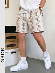 GRDR 男士度假风条纹数码印花短裤，休闲舒适简约外向裤，百慕大短裤 - 杏色 - 查看 4