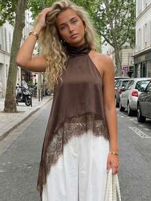 Women's Solid Color Satin Lace Patchwork Halter Neck Irregular Lace Hem Sleeveless Tank Top,Parties Clubwear And Streetwear Vacation Outfits Women - 深棕 - 查看 3