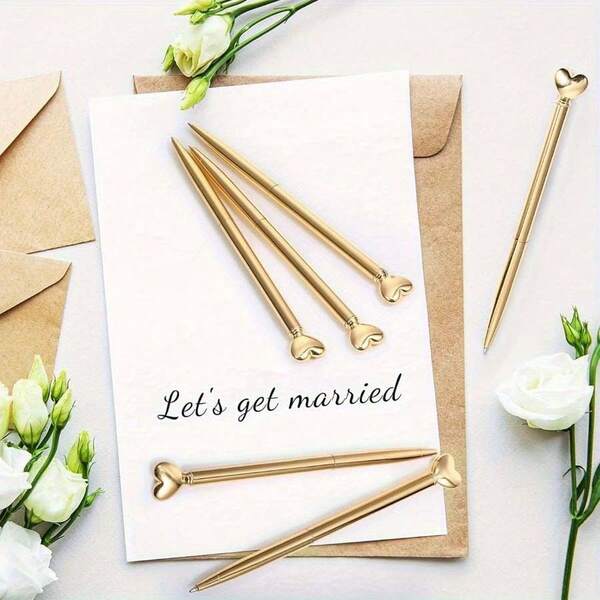 1/3/6pcs Golden Heart Shape 1pc/3pcs/6pcs Retractable Ballpoint Pens In A Stylish Metal Body, Ideal As Gifts With Black Ink, Perfect For Weddings, Bridal Showers, And Valentine'S Day, Excellent For Fine Writing Back To School