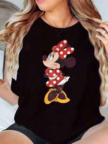 Minnie Mouse Character Print Disney Women T Shirt Round Neck Short Sleeve Casual Everyday Wear Holiday Gift Soft Comfortable 220g - màu đen - Xem 1