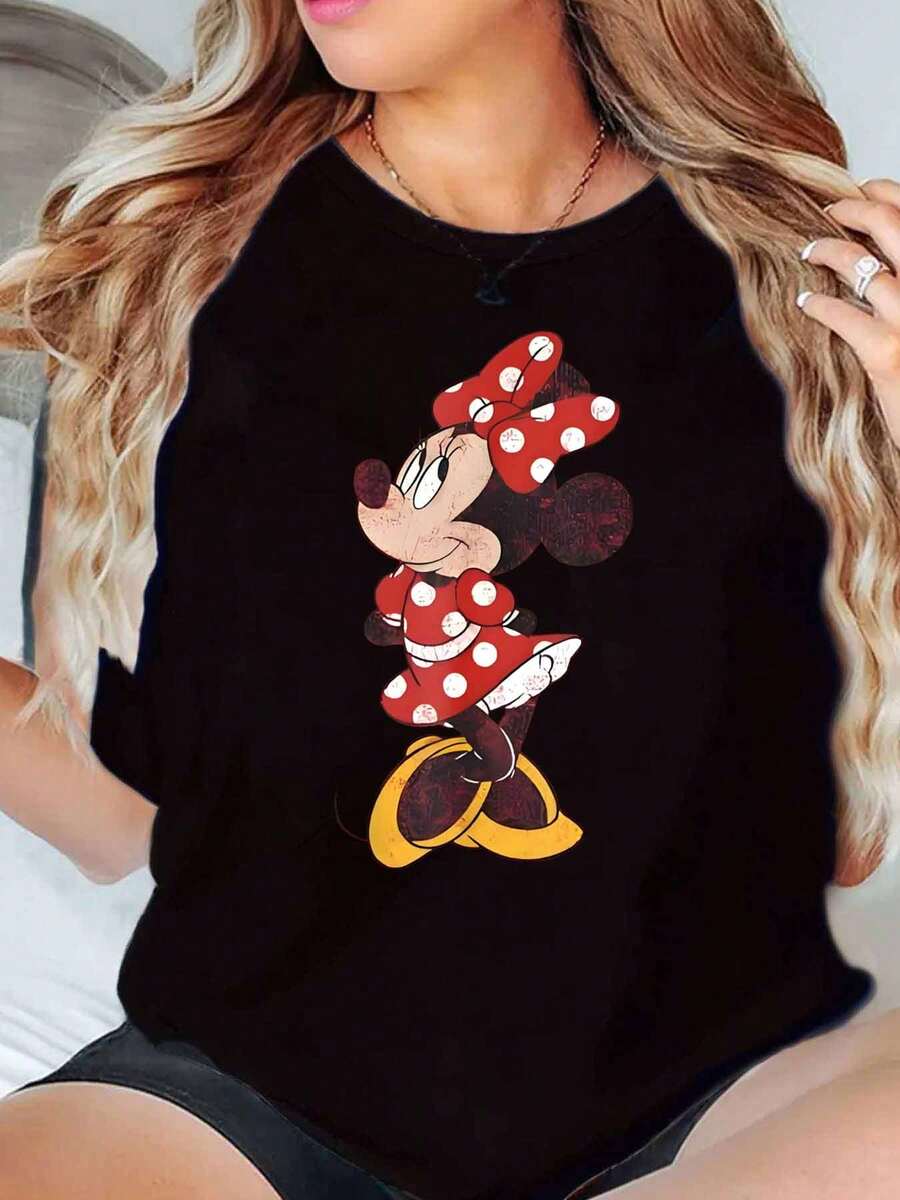 Minnie Mouse Character Print Disney Women T Shirt Round Neck Short Sleeve Casual Everyday Wear Holiday Gift Soft Comfortable 220g - màu đen - Xem 1